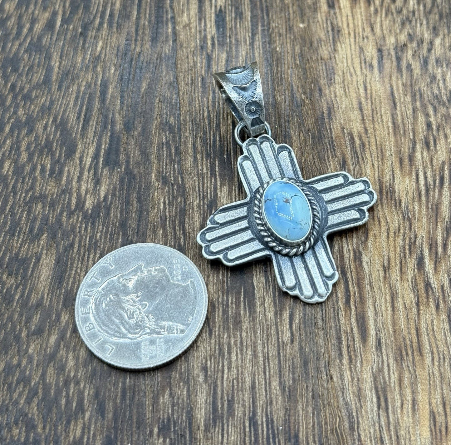 Navajo Handmade Sterling Silver Old Look Golden Hills Turquoise Zia Pendant