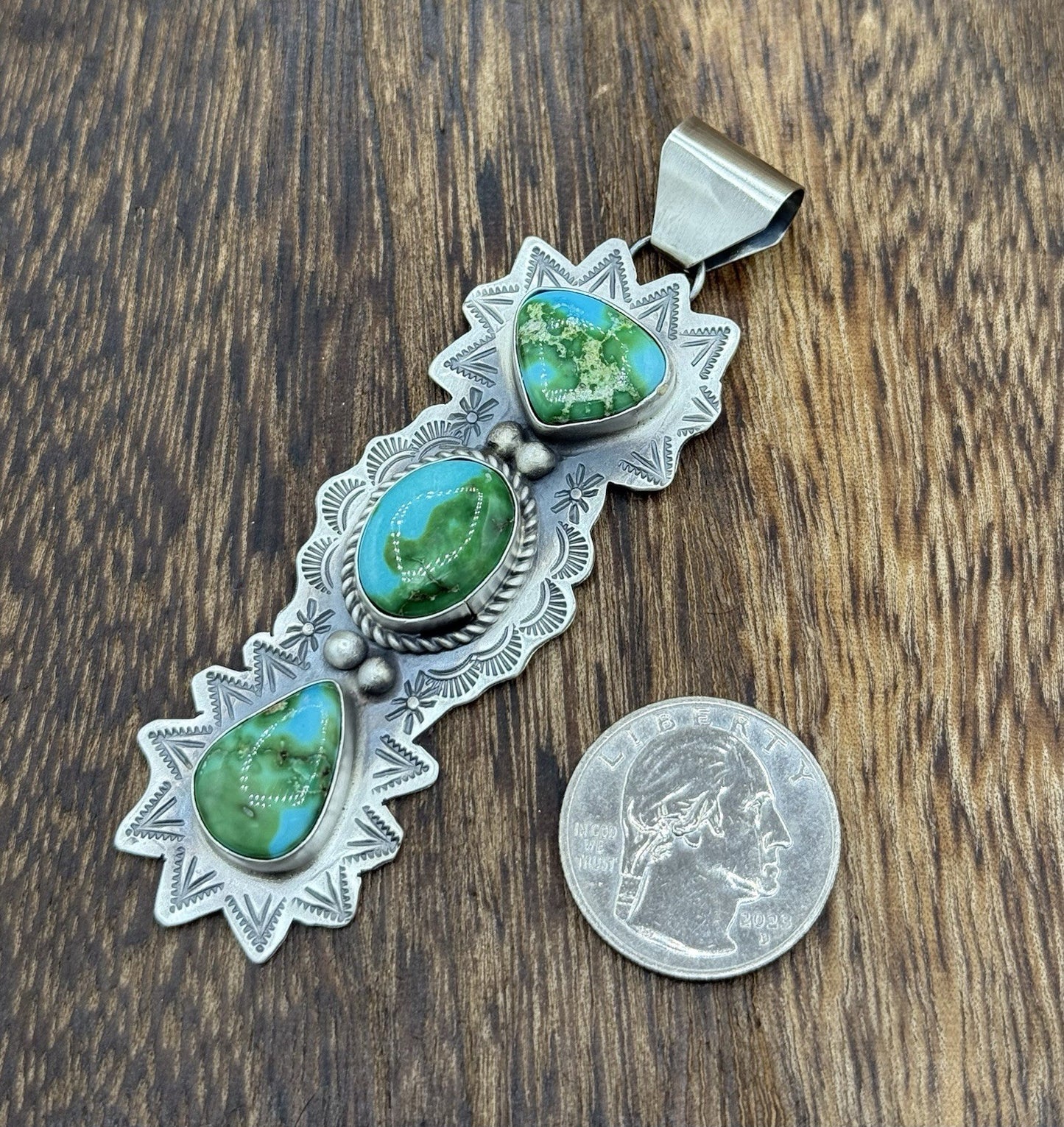 Navajo Handmade Sterling Silver Sonoran Gold Turquoise Stamped Drop Pendant