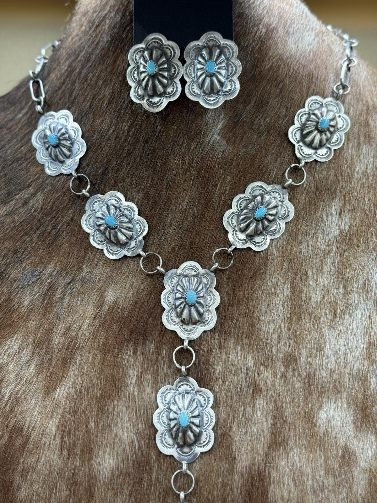 Navajo Handmade Sterling Silver Stamped Concho Turquoise Lariat Necklace Set 20”