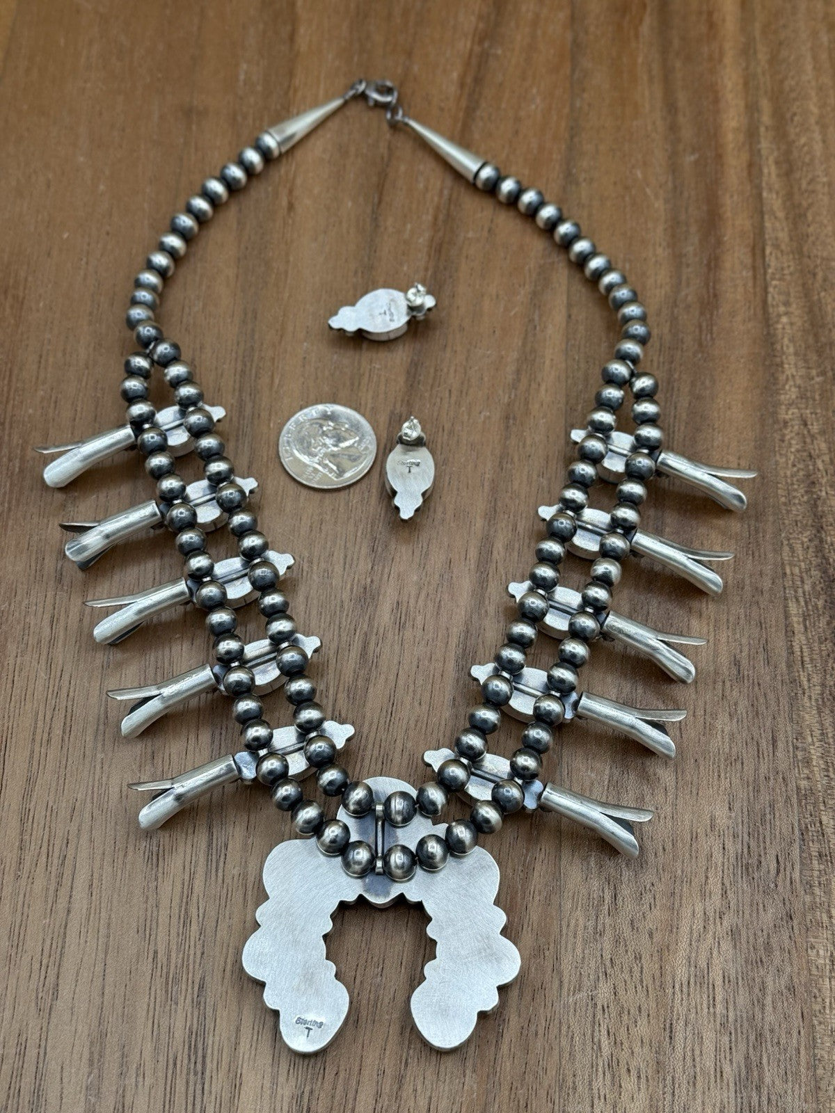 Navajo Handmade Sterling Silver Kingman Turquoise Squash Blossom Necklace 20”