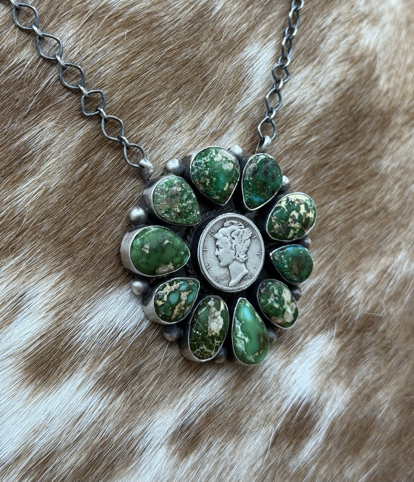 Navajo Handmade Silver Sonoran Gold Turquoise Liberty Coin Cluster Necklace 18”