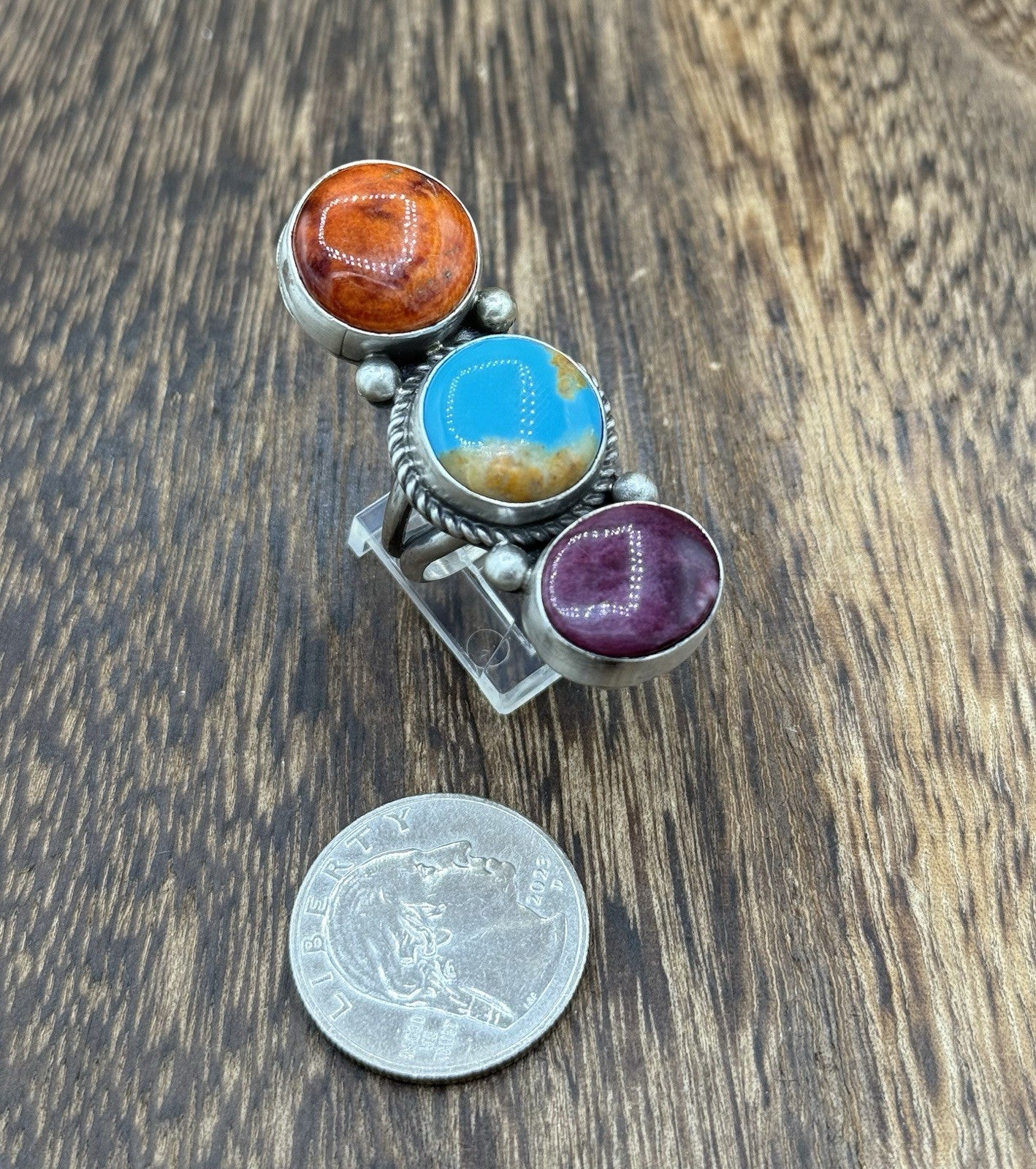 Native Navajo Handmade Sterling Silver Mixed Stone Turquoise Cluster Ring Size 7