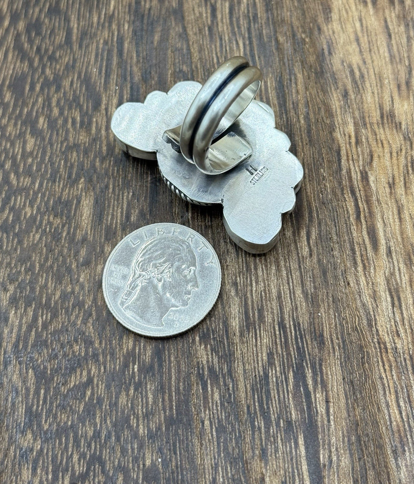 Navajo Handmade Sterling Silver Sonoran Gold Turquoise Half Cluster Ring Size 8