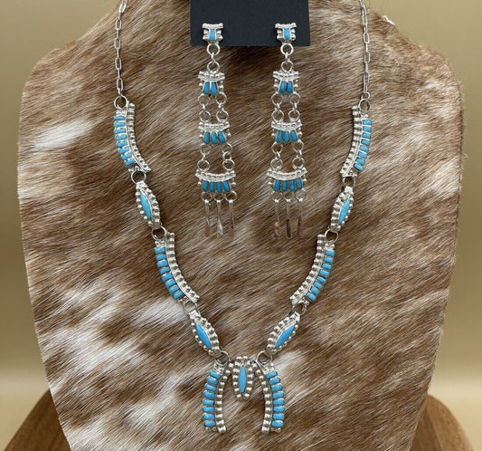 Native American Zuni handmade Silver Turquoise Inlay Squash Blossom Necklace 22”