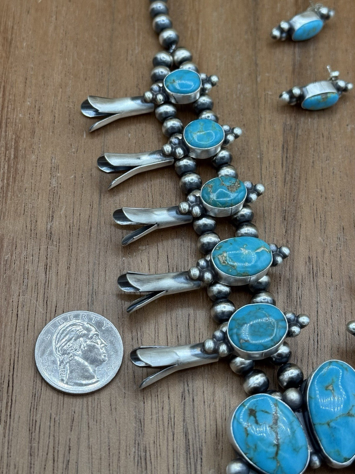 Navajo Handmade Sterling Silver Kingman Turquoise Squash Blossom Necklace 20”