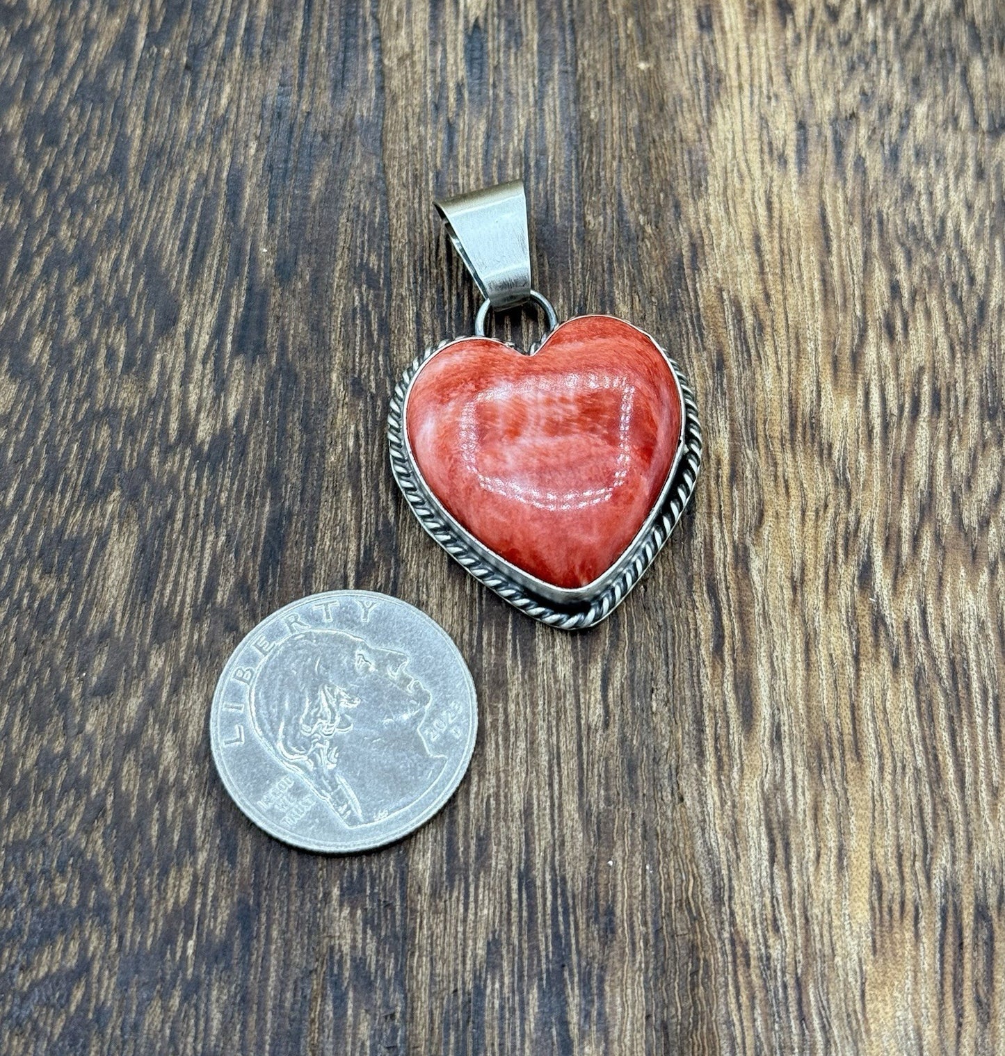 Navajo Handmade Sterling Silver Red Spiny Oyster Shell Heart Shaped Pendant