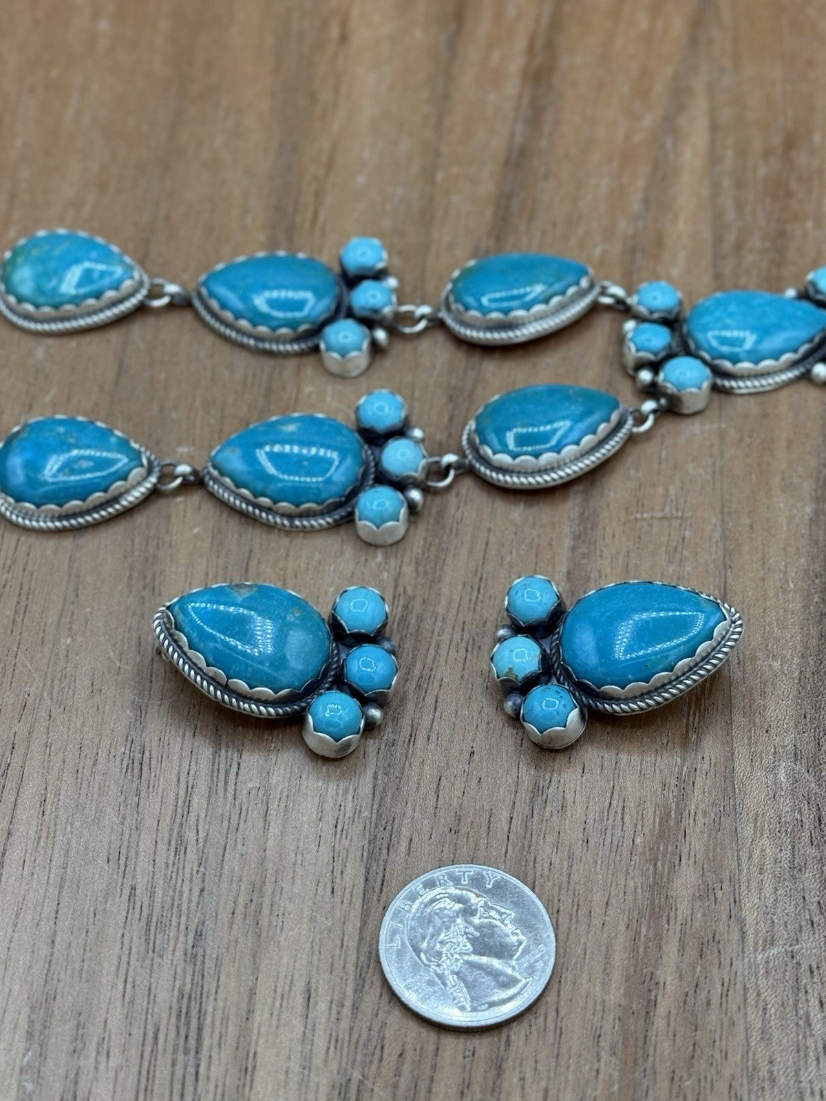 Native Navajo Handmade Sterling Silver Kingman Turquoise Lariat Necklace Set 24”