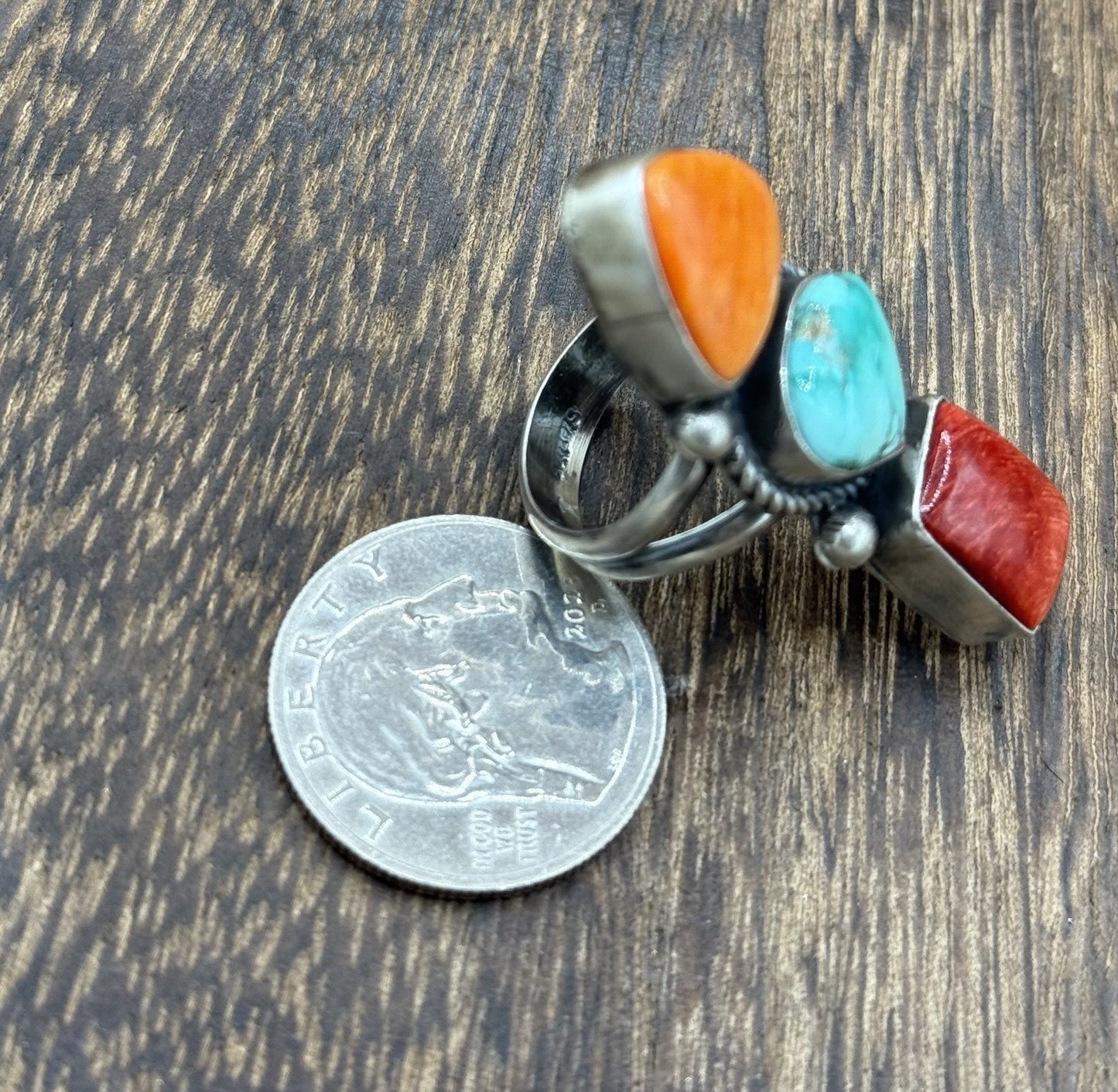 Native Navajo Handmade Sterling Silver Mixed Stone Turquoise Cluster Ring Size 7