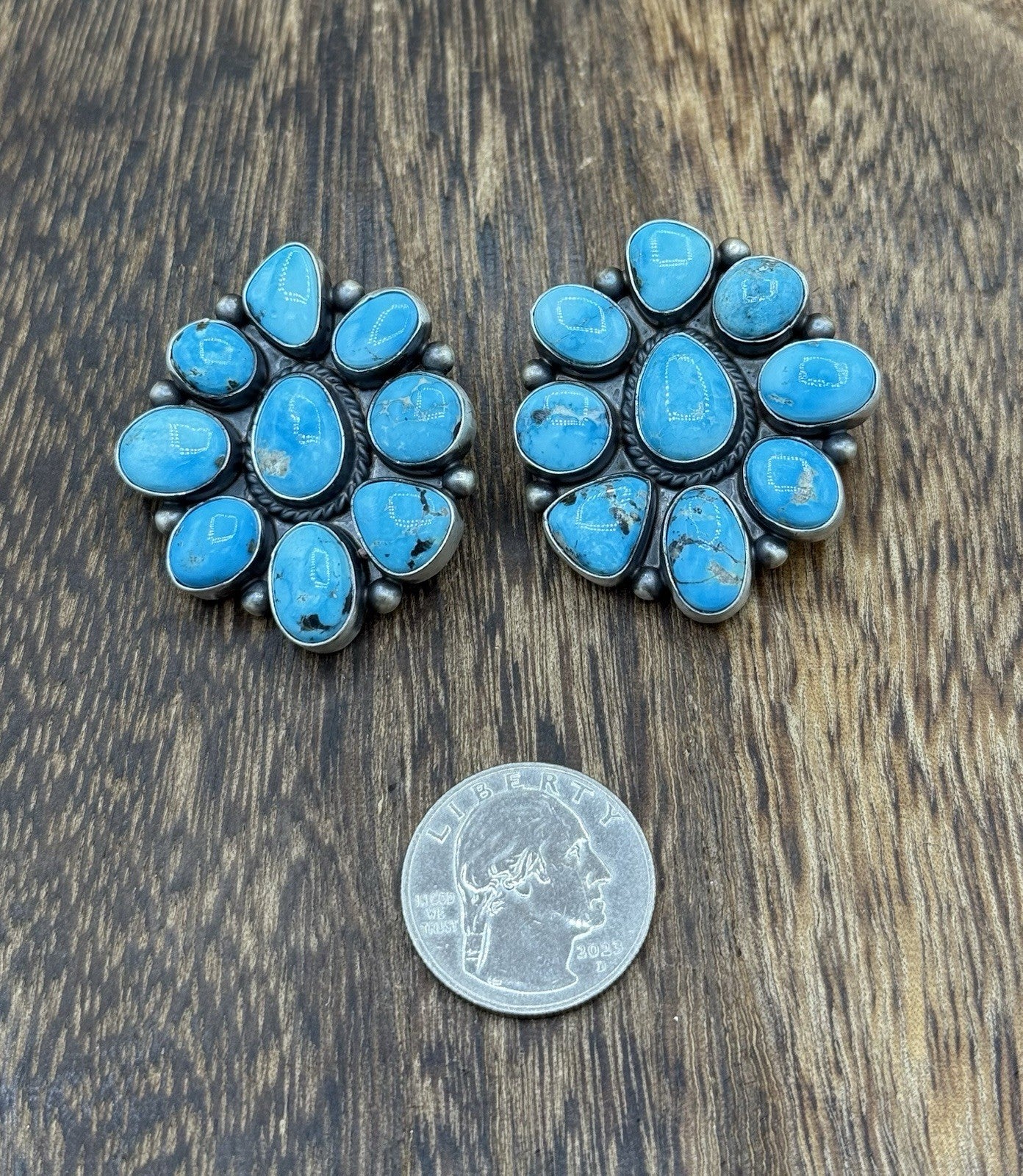 Navajo Handmade Sterling Silver Blue Ridge Turquoise Cluster Post Large Earrings