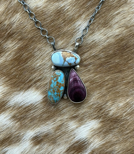 Navajo Handmade Sterling Silver Multi stone Turquoise  Cluster Bar Necklace 18”