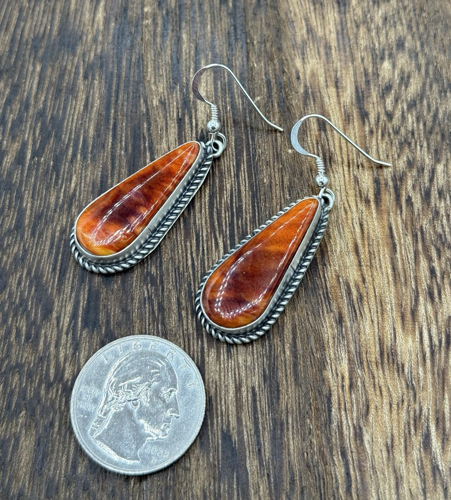 Native Navajo Handmade Sterling Silver Orange Spiny Oyster Shell Dangle Earrings