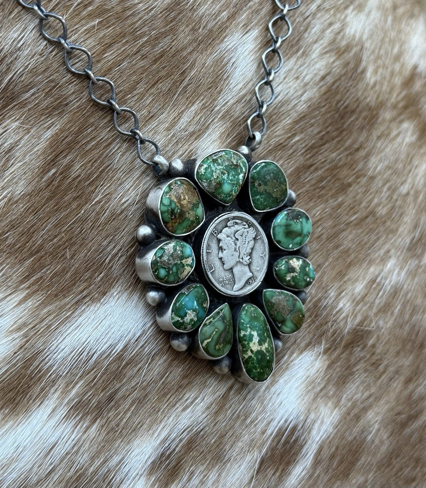 Navajo Handmade Silver Sonoran Gold Turquoise Liberty Coin Cluster Necklace 18”