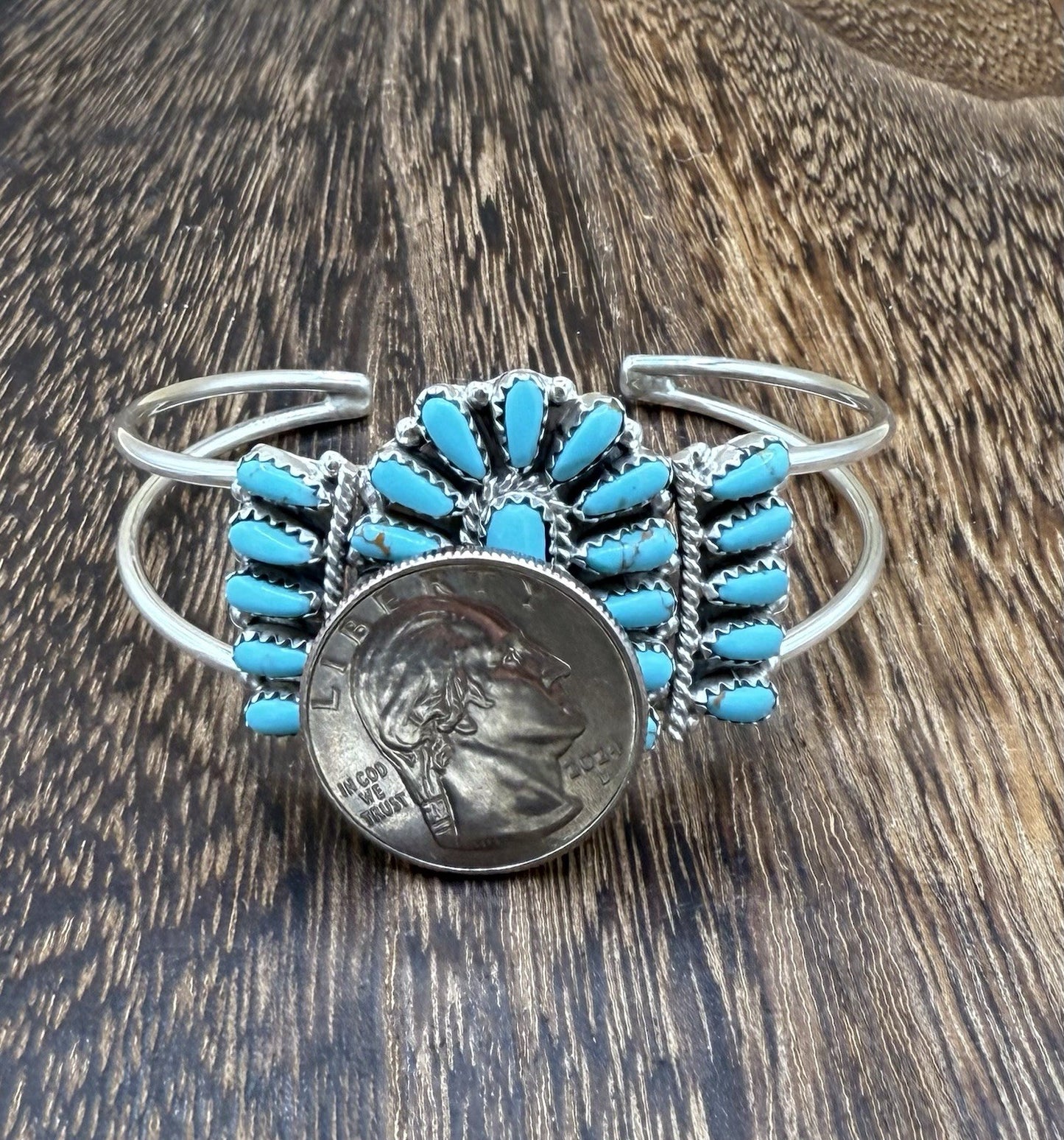 Navajo Handmade Sterling Silver Turquoise Traditional Cluster Cuff Bracelet
