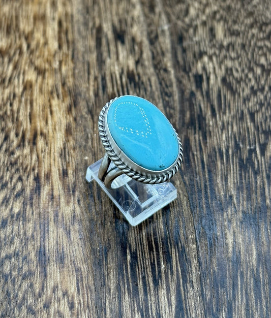 Navajo Handmade Sterling Silver Kingman Turquoise Adjustable Ring Size 7 To 10