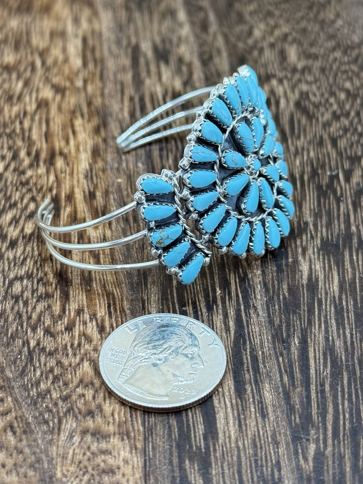 Native American Navajo Handmade Sterling Silver Turquoise Cluster Cuff Bracelet