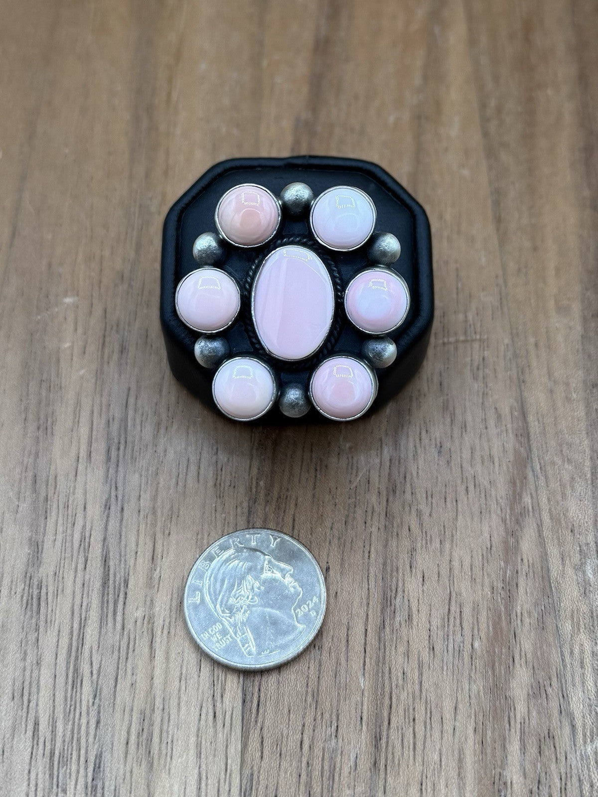 Navajo Handmade Sterling Silver Pink Conch Adjustable Ring Size 7 To 10