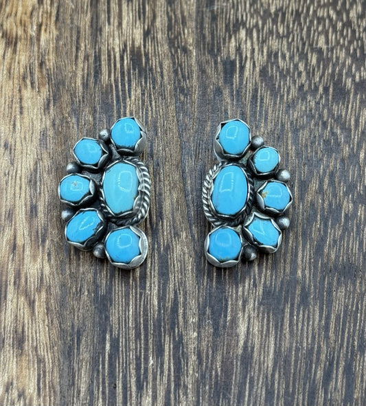 Navajo Handmade Sterling Silver Kingman Turquoise Half Cluster Post Earrings