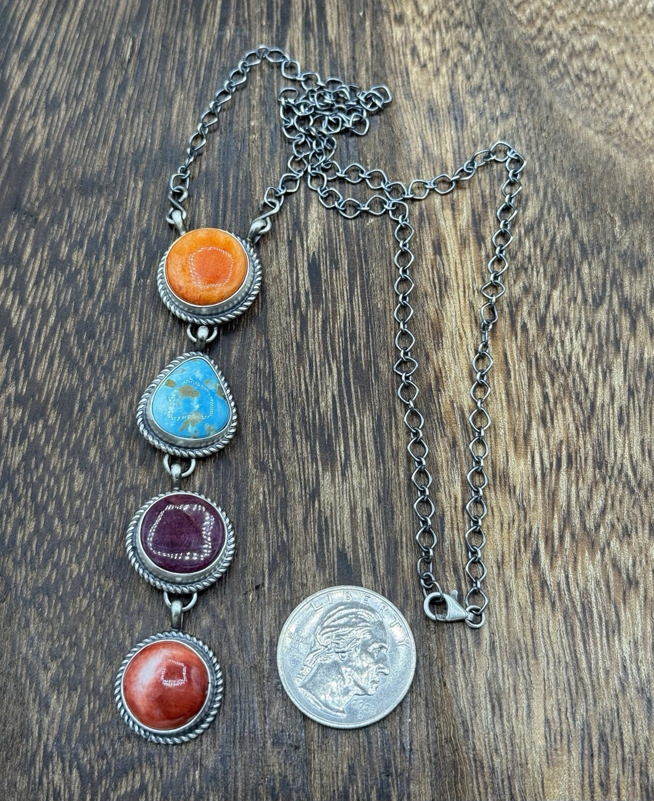 Navajo Handmade Sterling Silver Multi Color Mixed Stone Lariat Necklace 18”