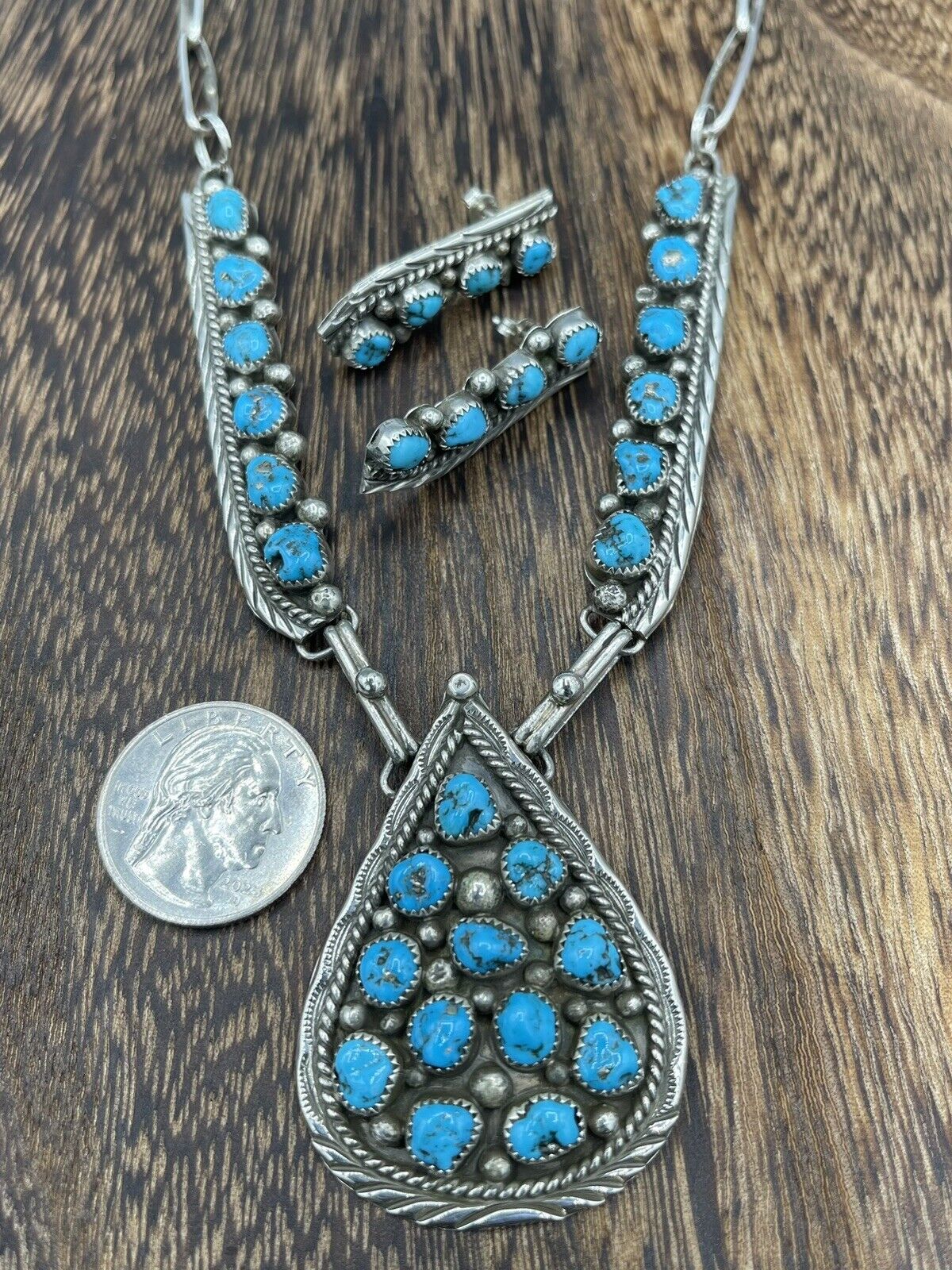 Native American Sterling Silver Navajo Handmade Kingman Turquoise Necklace Set