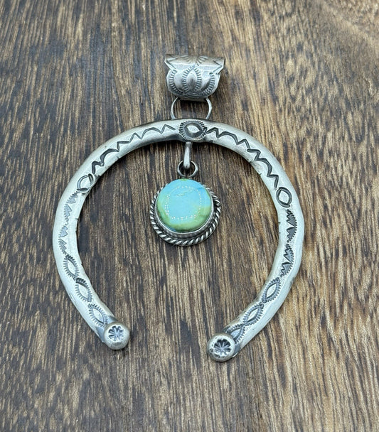 Navajo Handmade Sterling Silver Stamped Sonoran Gold Turquoise Naja Pendant