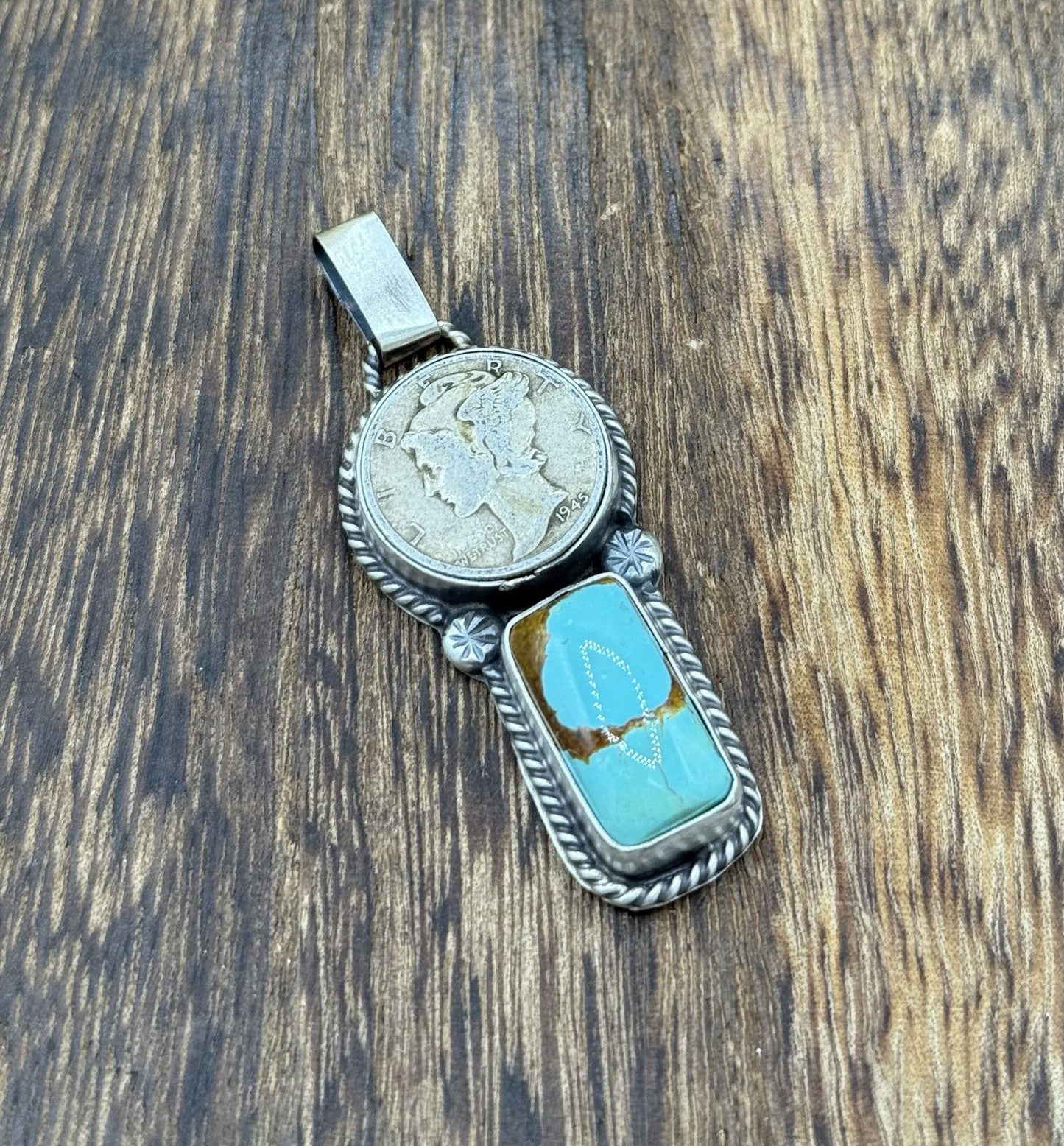 Navajo Handmade Sterling Silver Blue Glacier Turquoise Liberty Dime Coin Pendant