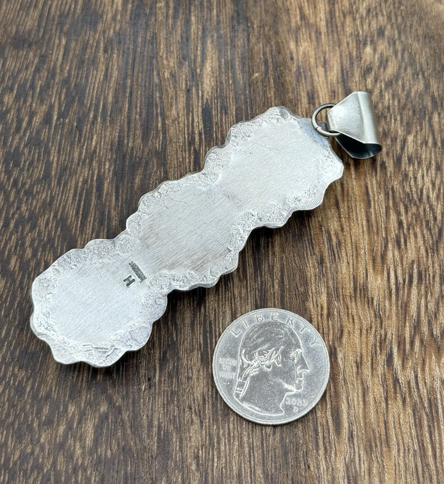 Navajo Handmade Sterling Silver Sonoran Gold Turquoise Stamped Drop Pendant