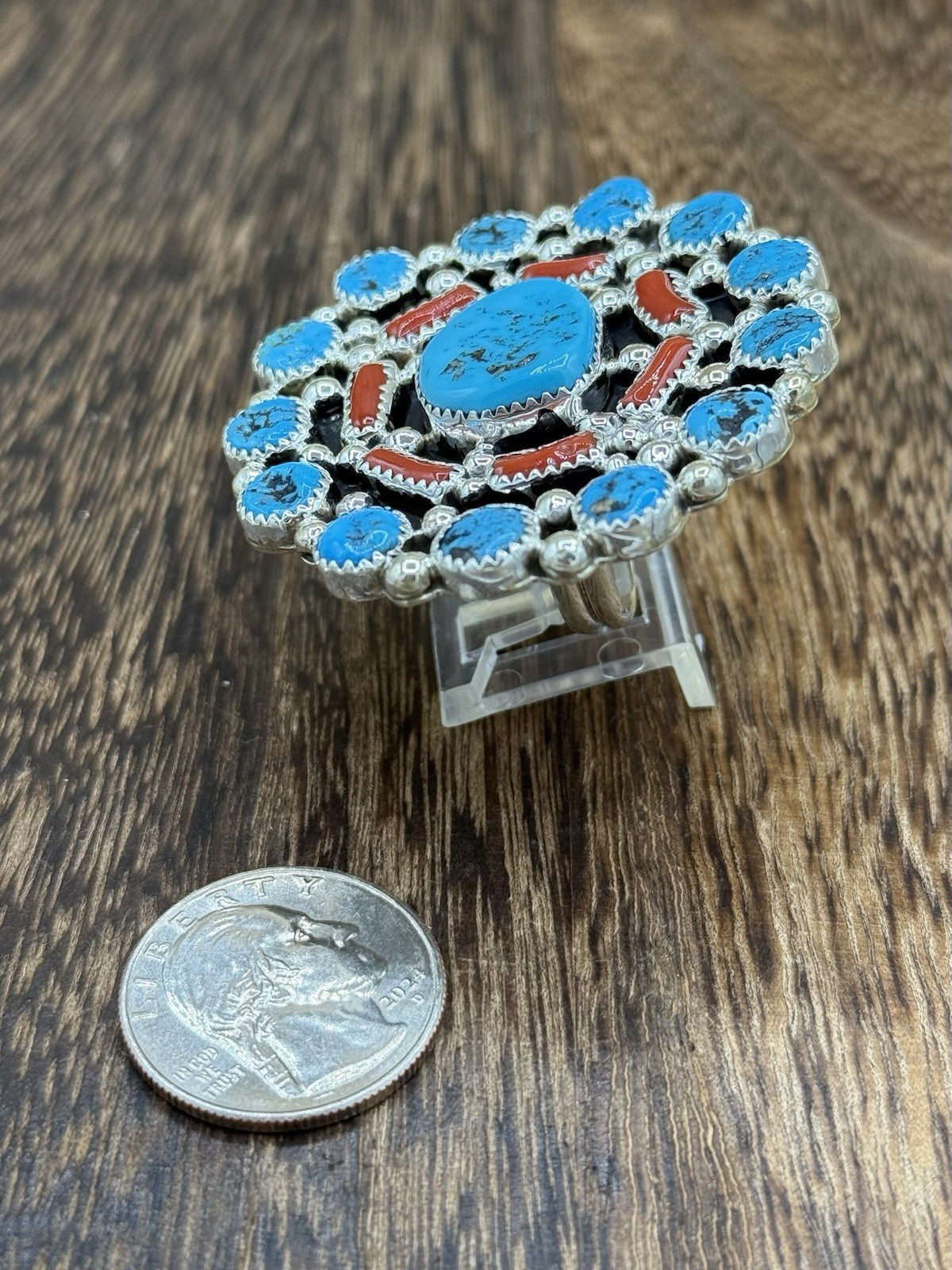 Navajo Handmade Sterling Silver Sleeping Beauty Turquoise & Coral Adjustable 6-9