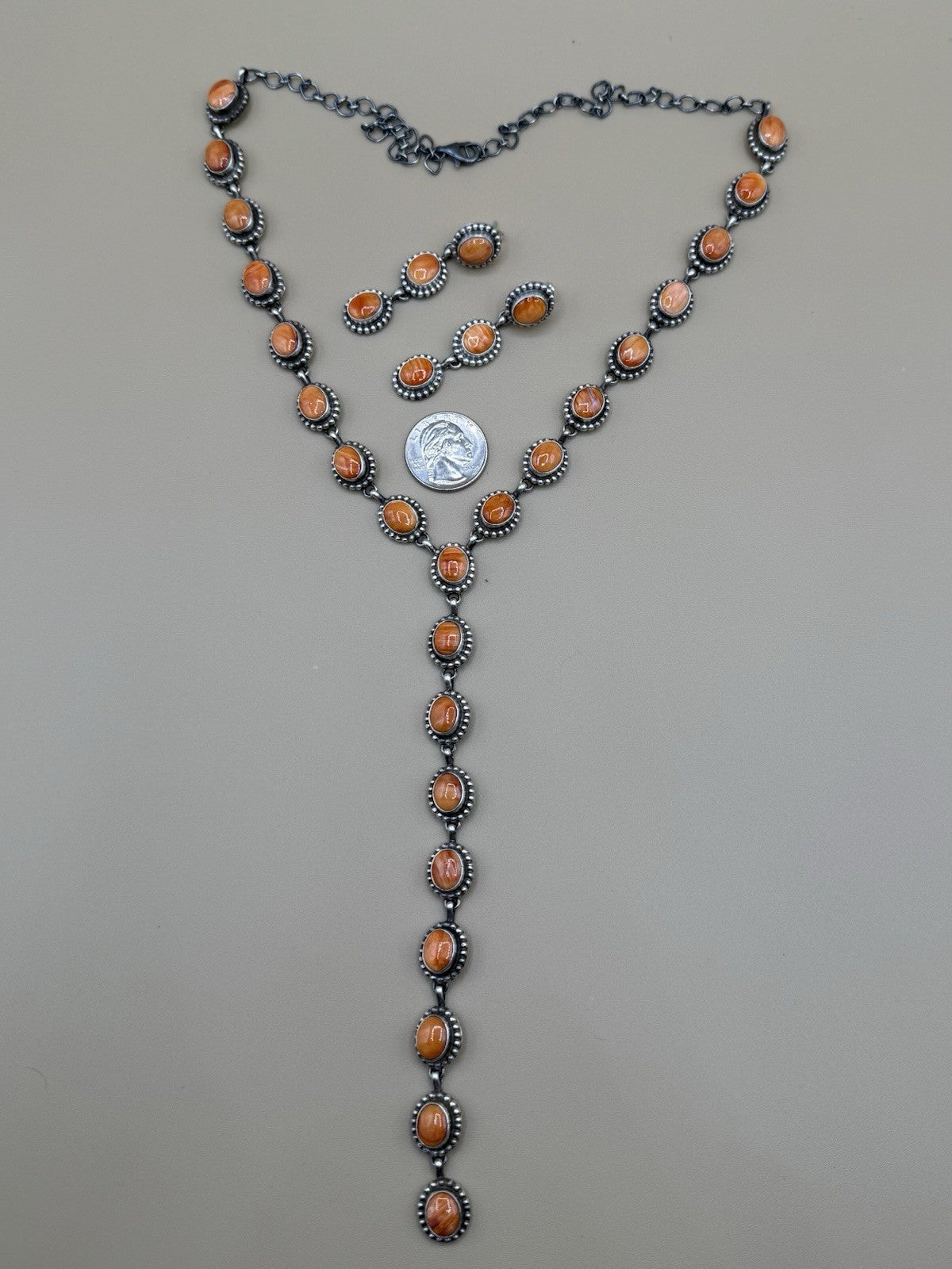 Navajo Handmade Sterling Silver Orange Spiny Oyster Lariat Dangle Necklace Long