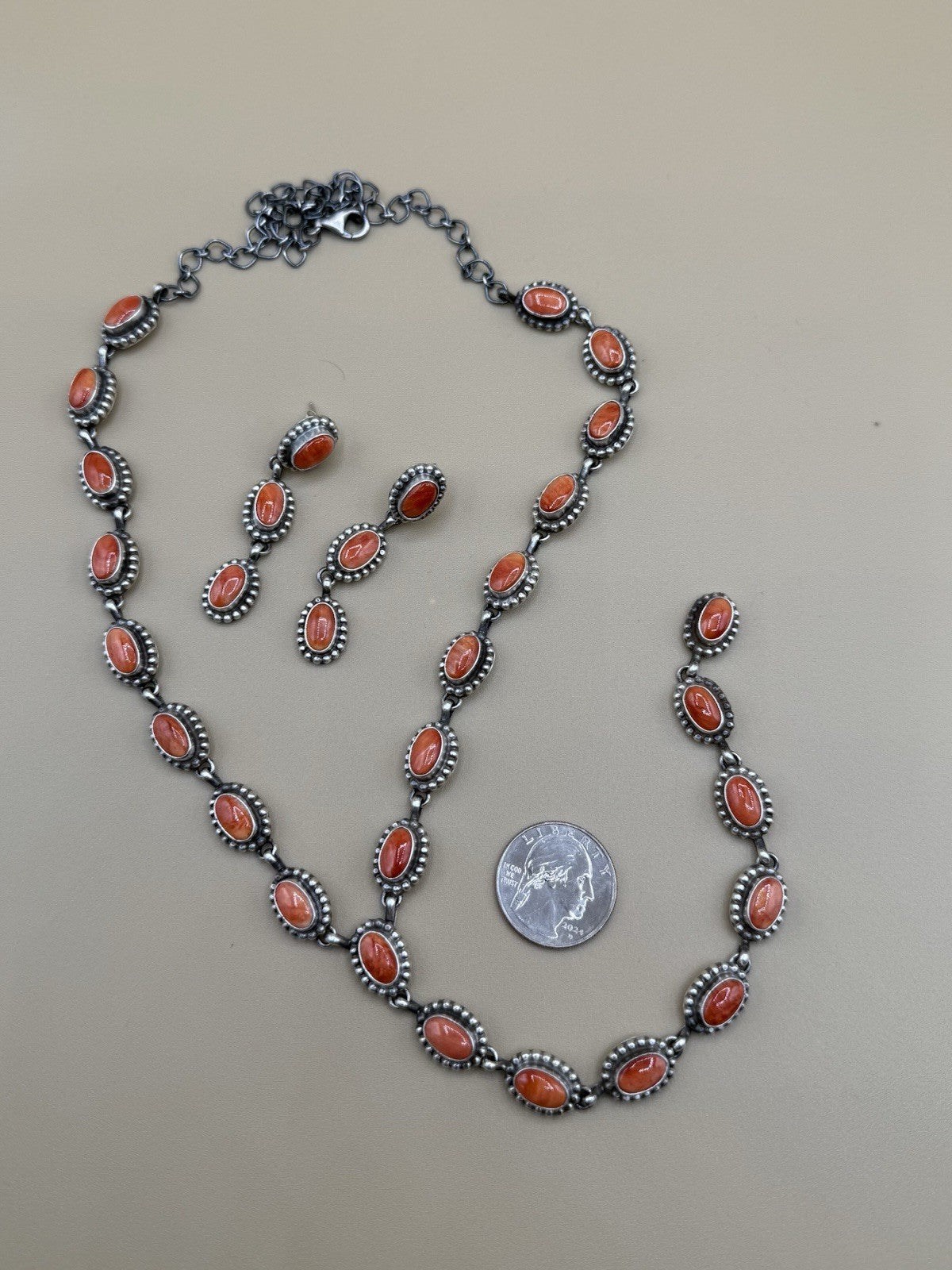 Navajo Handmade Sterling Silver Red Spiny Oyster Lariat Dangle Necklace Long