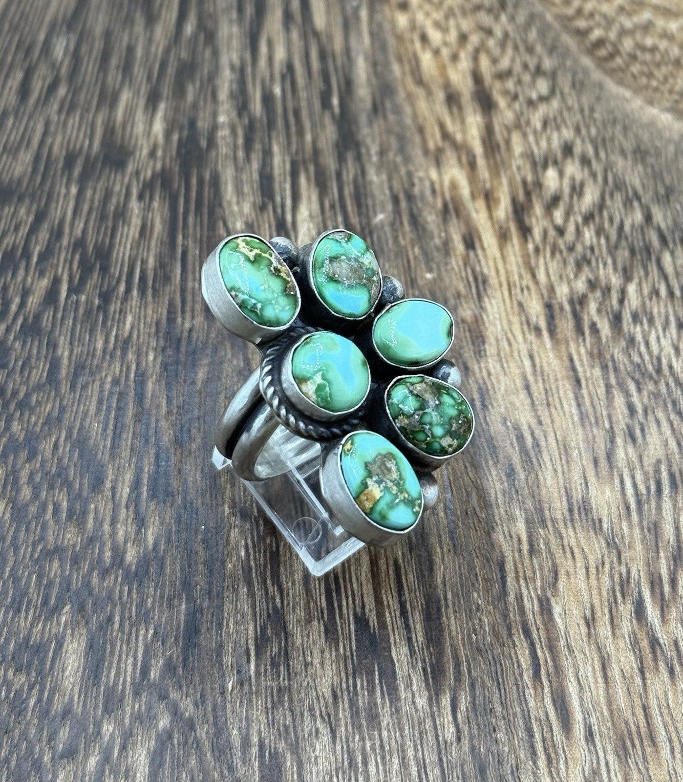 Navajo Handmade Sterling Silver Sonoran Gold Turquoise Half Cluster Ring Size 8