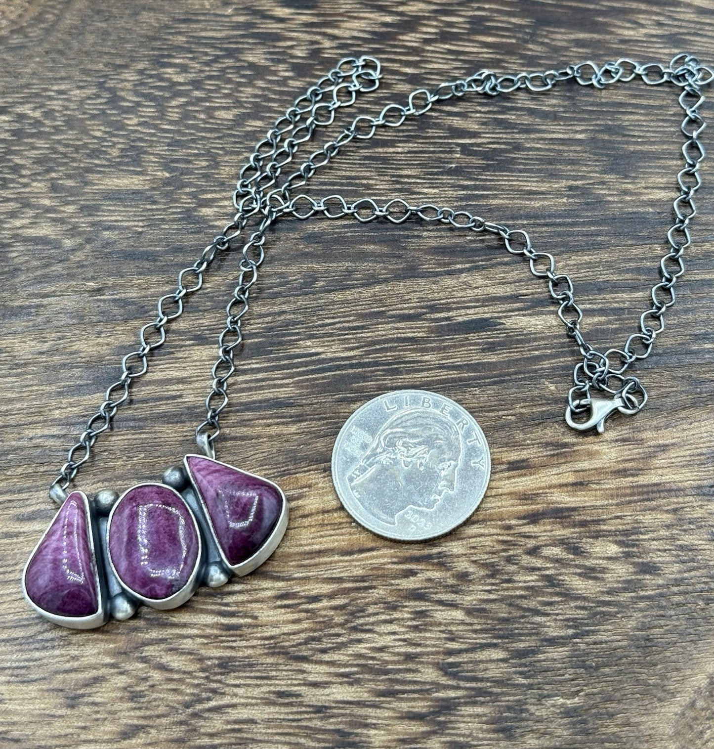 Navajo Handmade Sterling Silver Purple Spiny Oyster Cluster Bar Necklace 18”