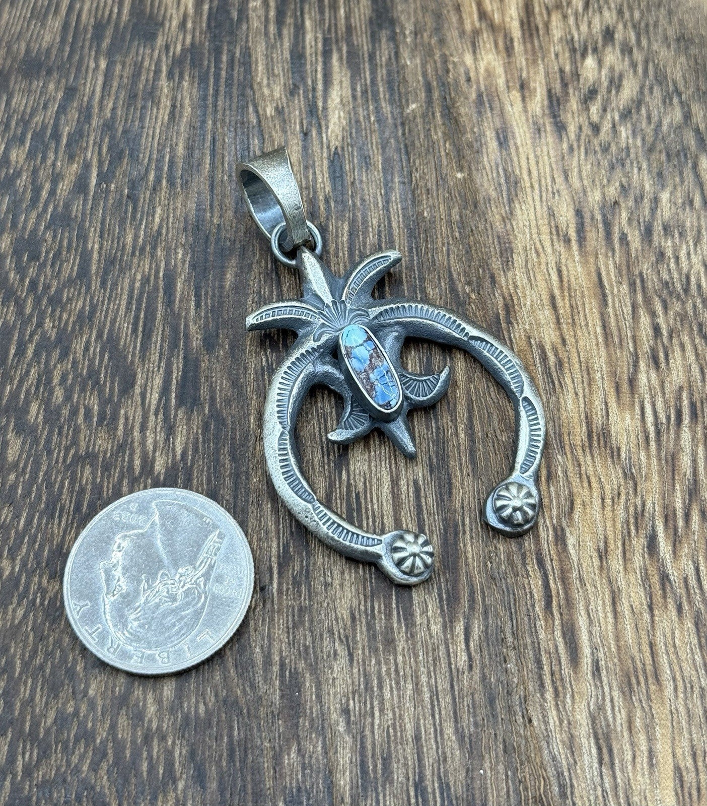 Navajo Handmade Sterling Silver Old Look Golden Hills Turquoise Naja Pendant