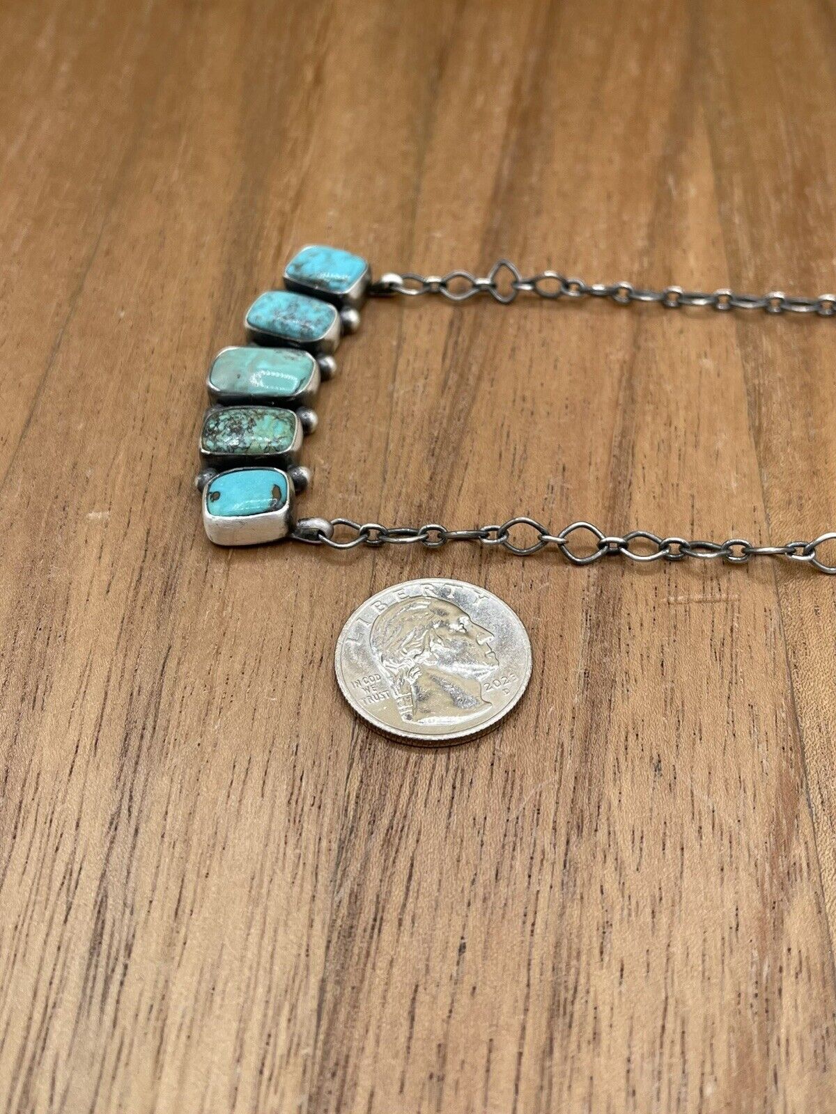 Native American Navajo Handmade Sterling Silver Kingman Turquoise Bar Necklace