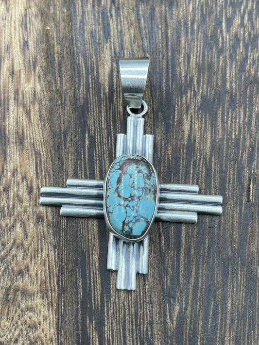 Native American Sterling Silver Navajo Handmade Turquoise Zia Pendant -Betta Lee