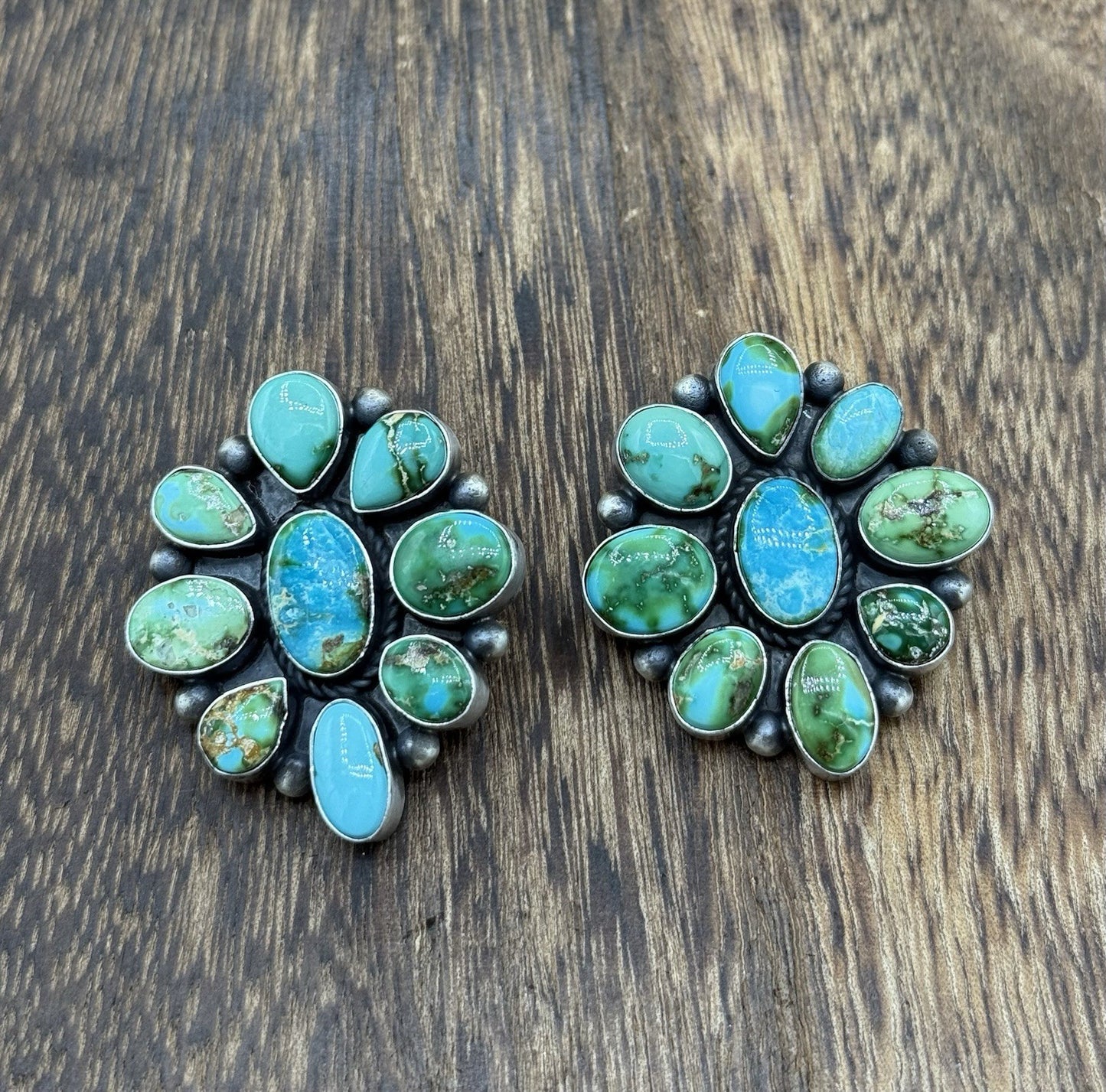 Navajo Handmade Sterling Silver Sonoran Gold Turquoise Cluster Post Earrings
