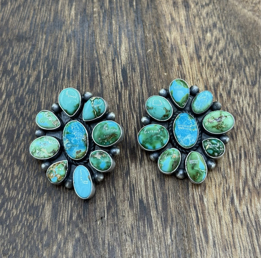 Navajo Handmade Sterling Silver Sonoran Gold Turquoise Cluster Post Earrings