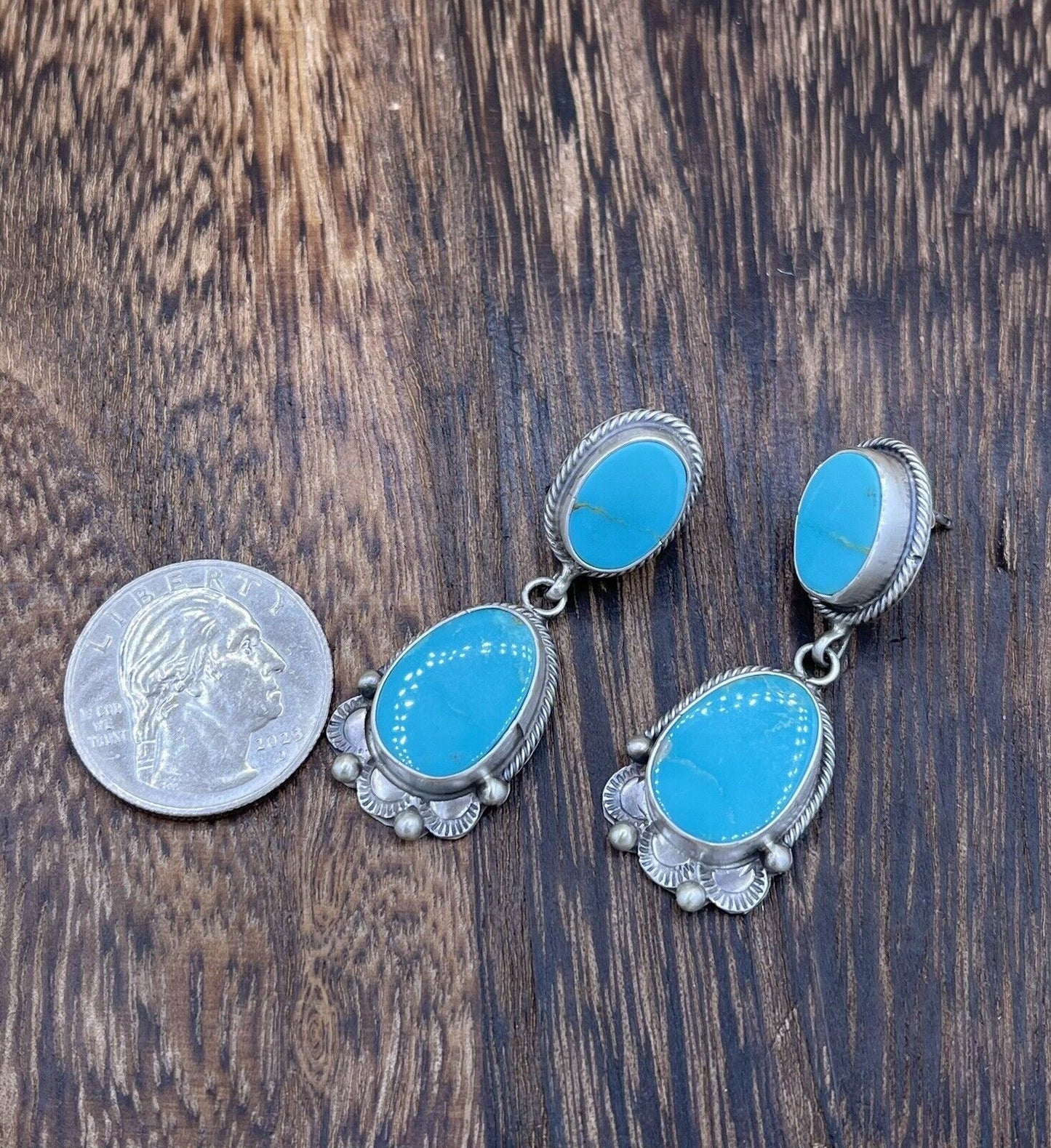 Native American Sterling Silver Navajo Handmade Turquoise Post Dangle Earrings