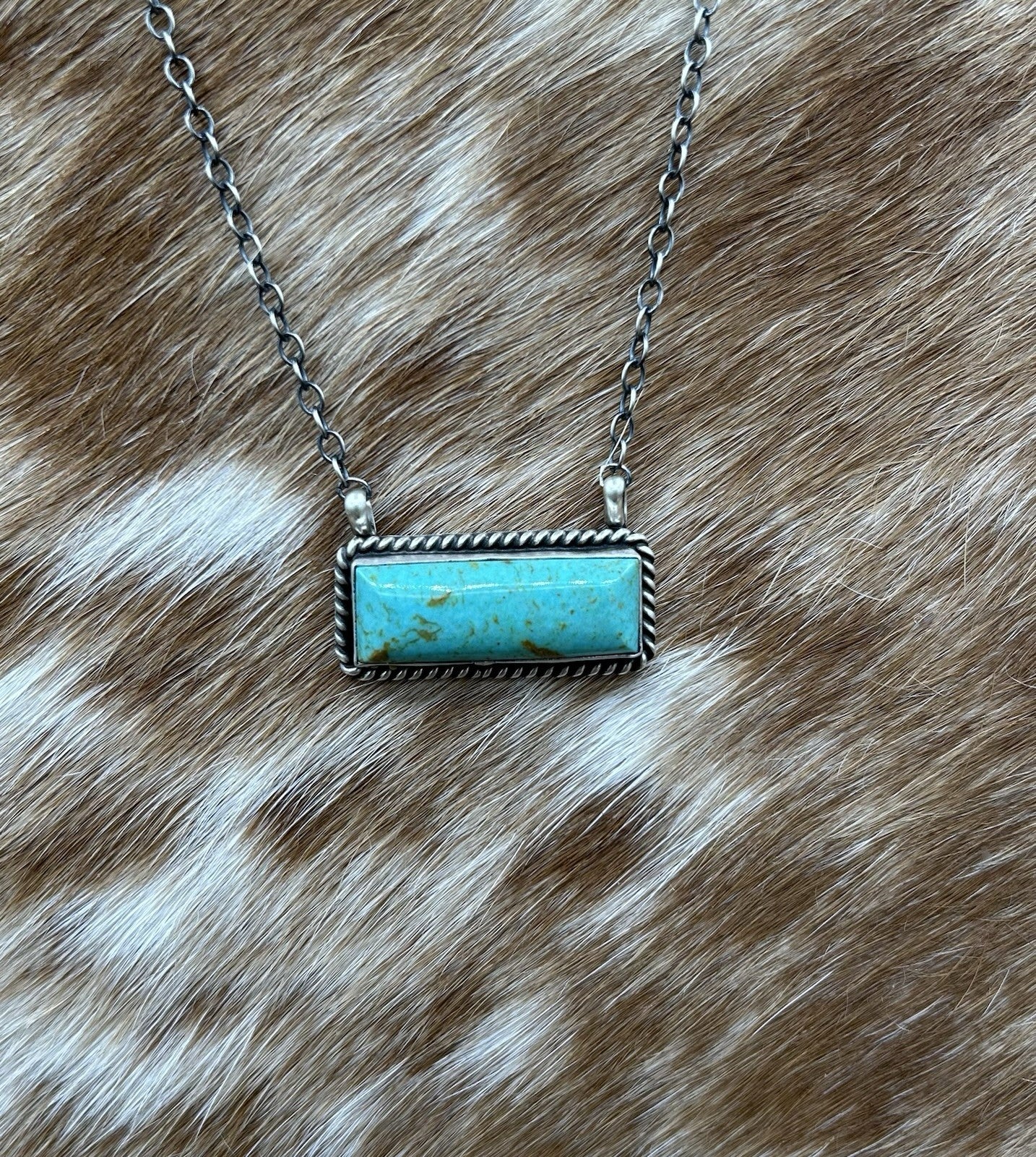 Navajo Handmade Sterling Silver Kingman Turquoise Bar Necklace 16”