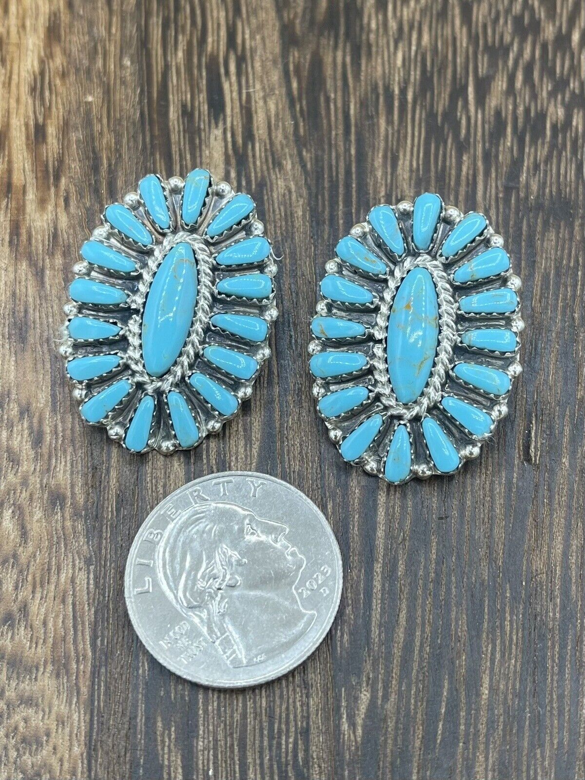 Native American Navajo Handmade Sterling Silver Turquoise Cluster Stud Earrings