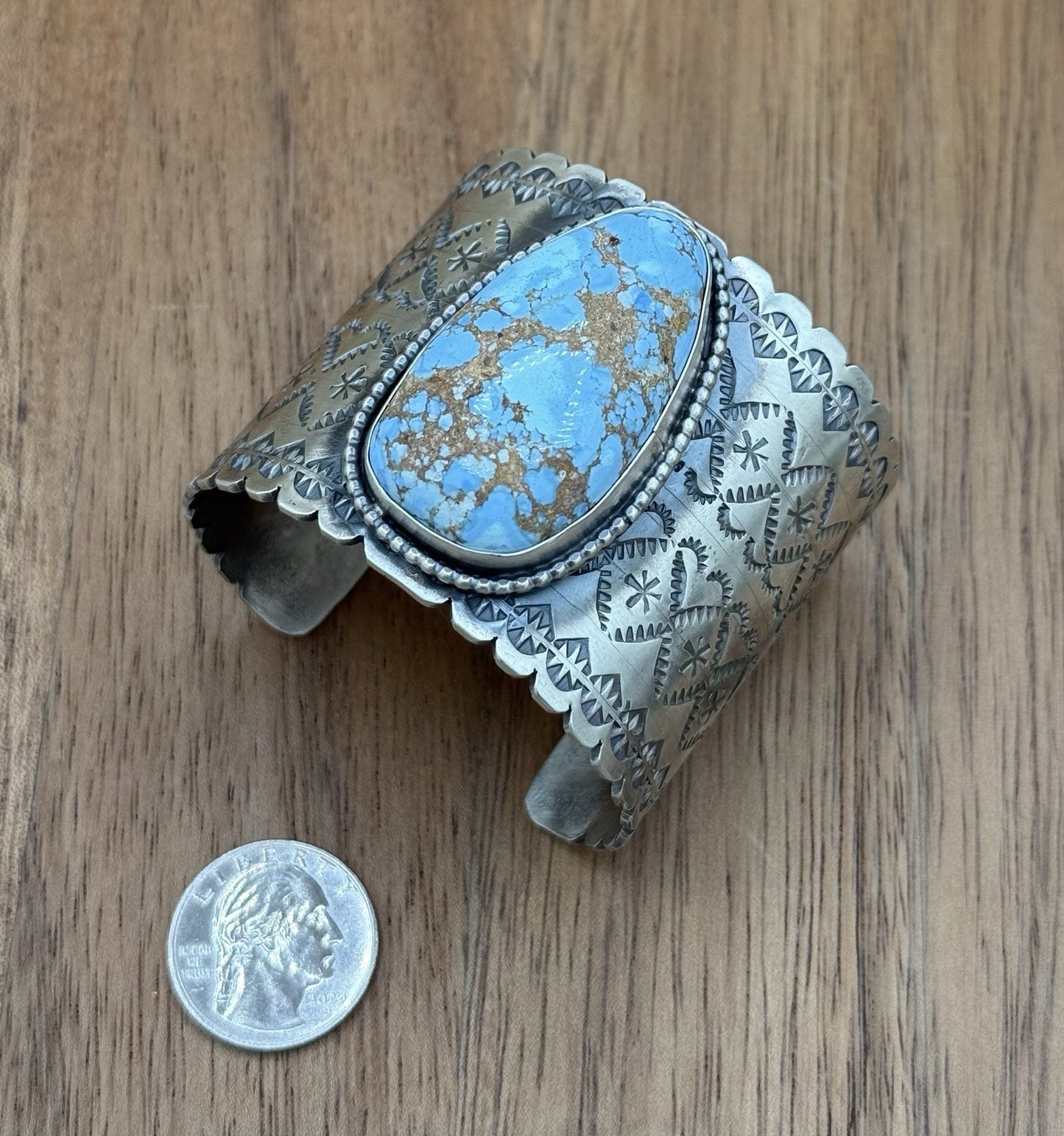 Navajo Handmade Sterling Silver Golden Hills Turquoise Stamped Cuff Bracelet