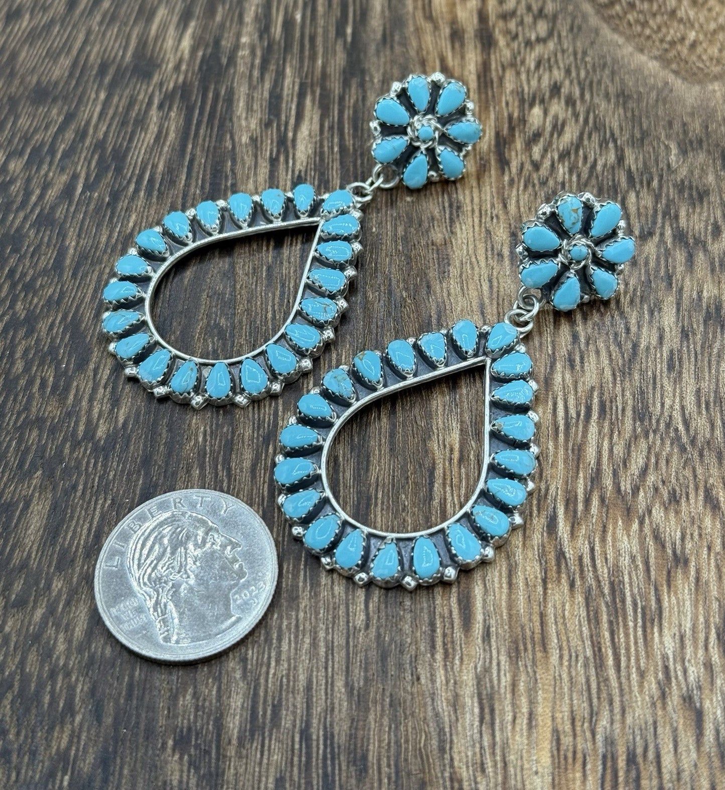 Navajo Handmade Sterling Silver Turquoise Cluster Post Drop earrings Large