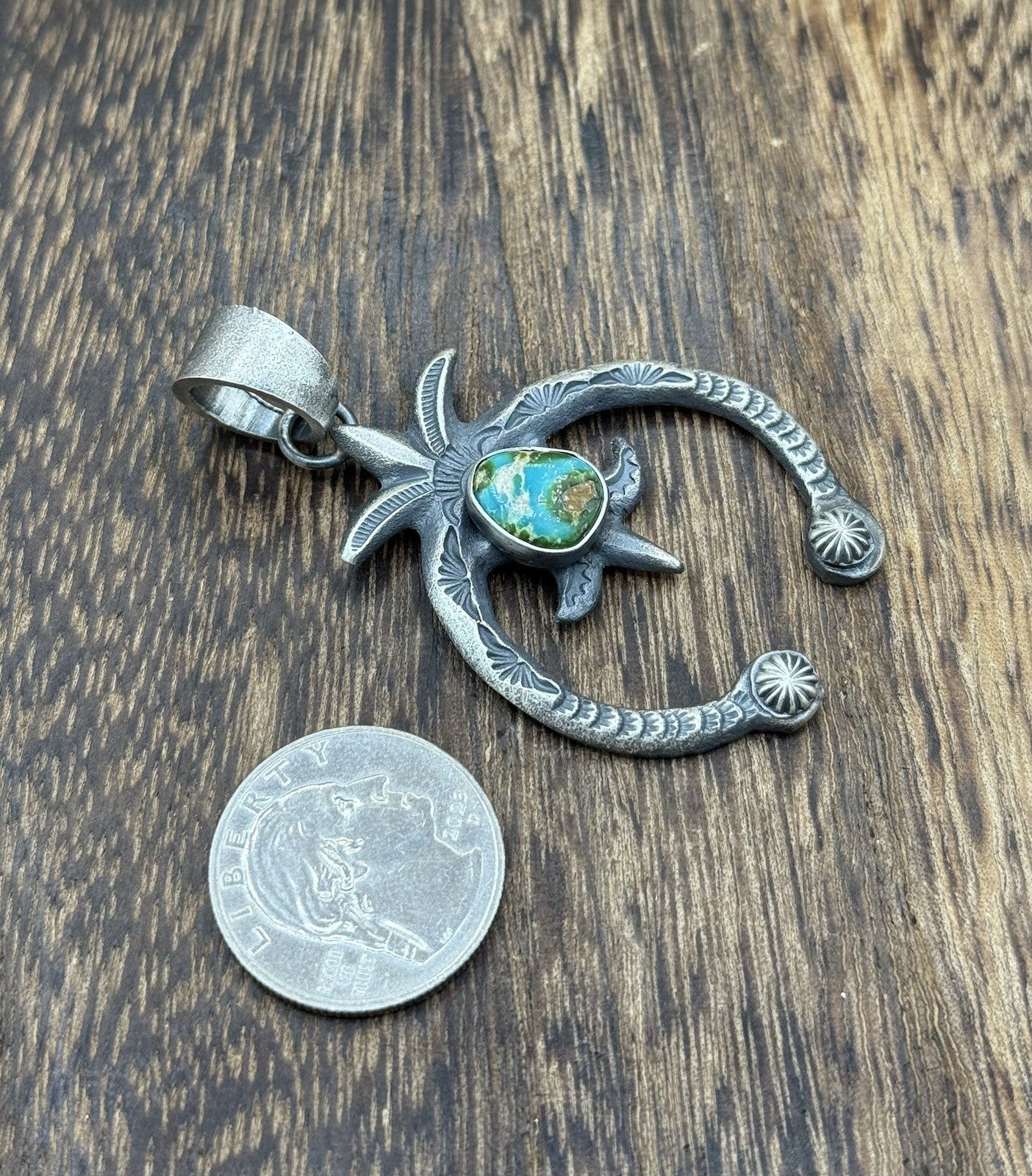 Navajo Handmade Sterling Silver Old Look Sonoran Gold Turquoise Naja Pendant