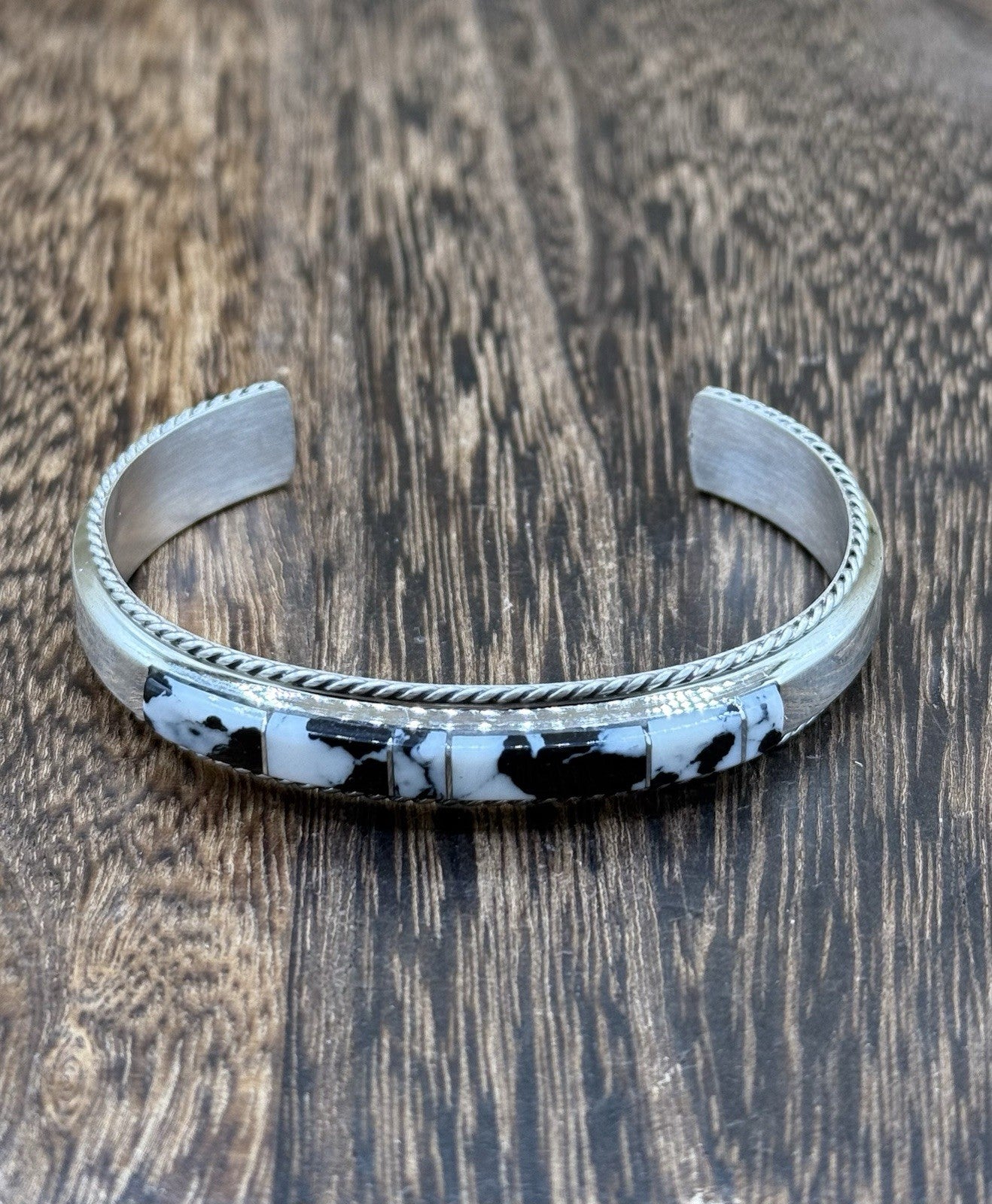 Navajo Handmade Sterling Silver White Buffalo Inlay Cuff Bracelet Francis Yazzie