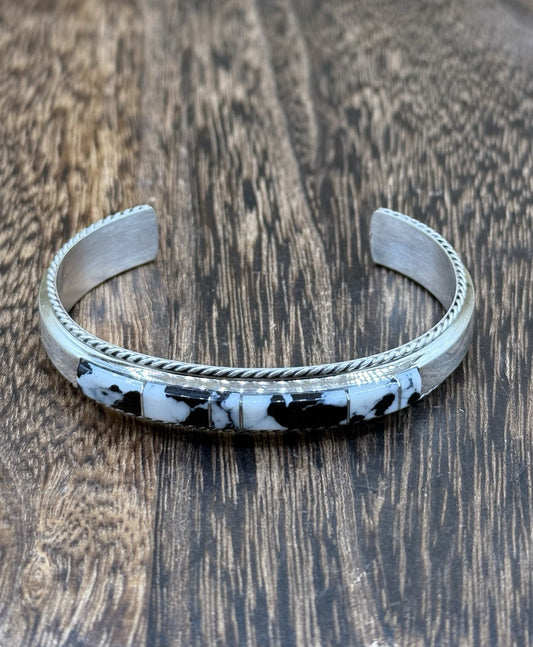 Navajo Handmade Sterling Silver White Buffalo Inlay Cuff Bracelet Francis Yazzie