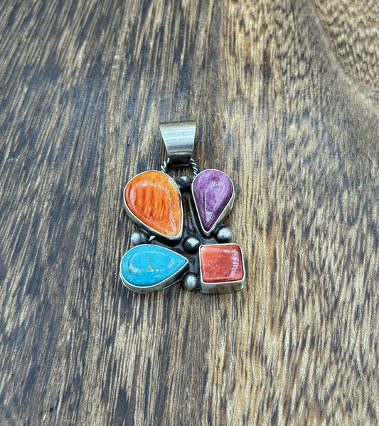 Navajo Handmade Sterling Silver Multi Color Turquoise Spiny Cluster Pendant