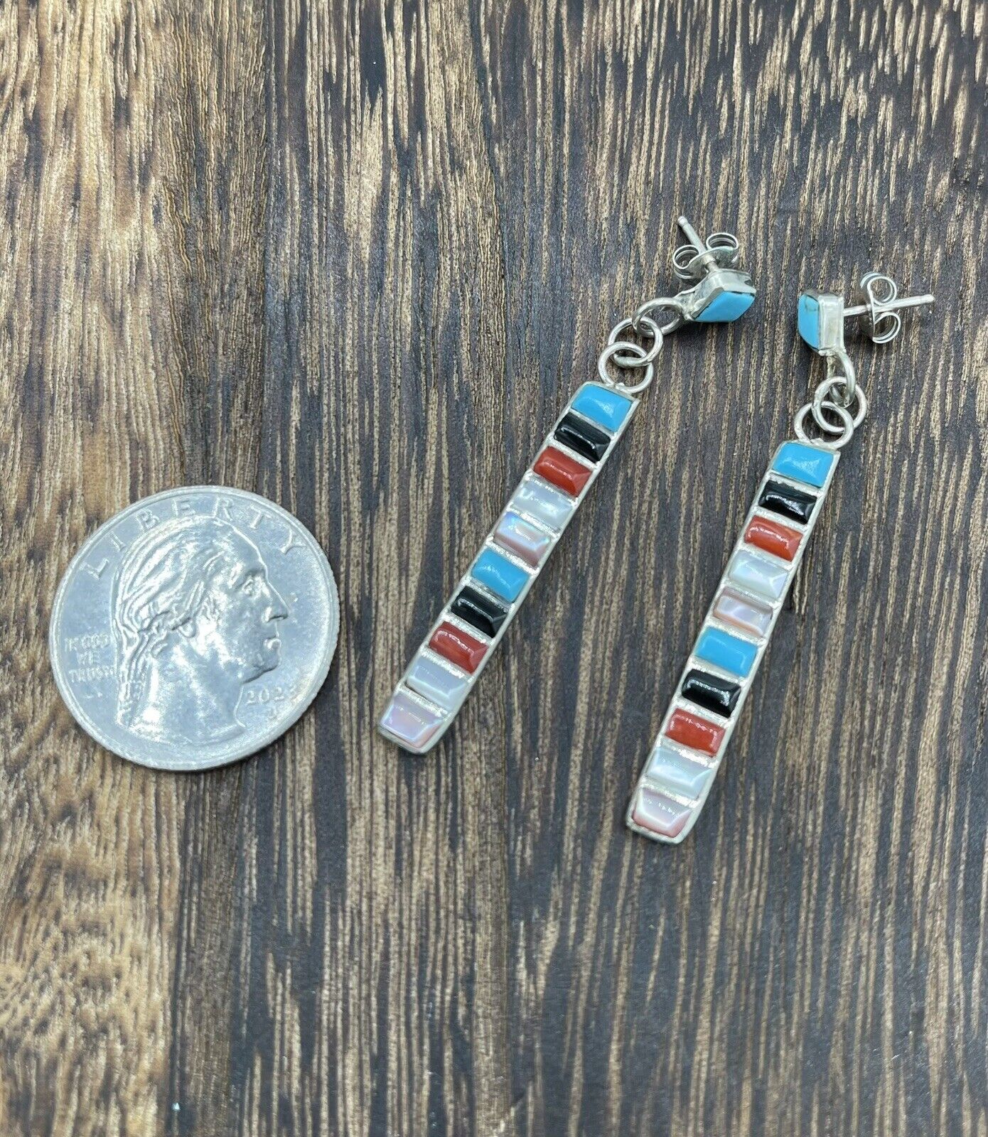 Native American Sterling Silver Zuni Handmade Multi Stone Post Dangle Earrings