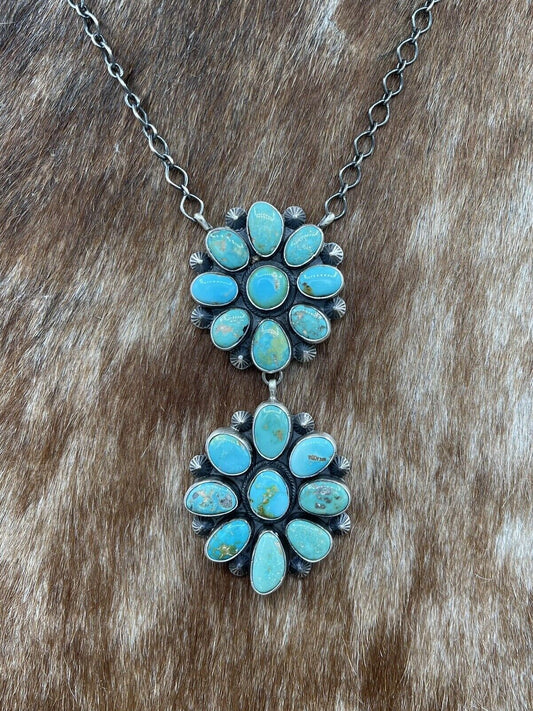 Native American Navajo Handmade Silver Kingman Turquoise Double Cluster Necklace