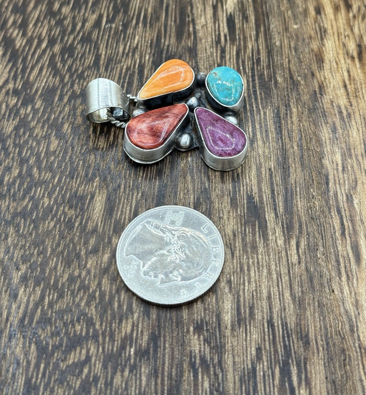 Navajo Handmade Sterling Silver Multi Color Turquoise Spiny Cluster Pendant