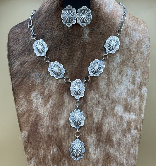 Navajo Handmade Sterling Silver Stamped Concho Old Look Lariat Necklace Set 24”
