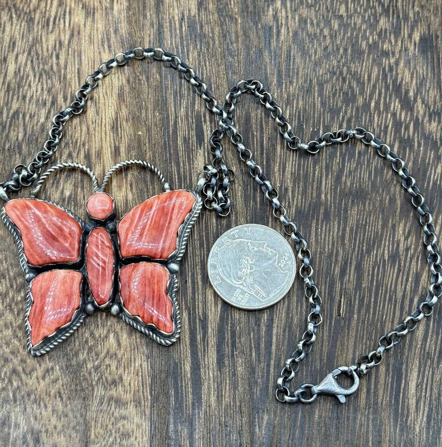 Navajo Handmade Sterling Silver Red Spiny Oyster Butterfly Bar Necklace 18”
